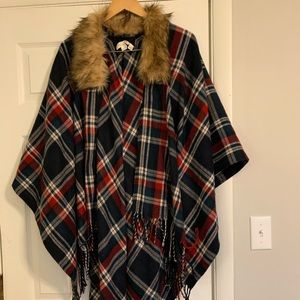 Plaid fur lined poncho/shawl/cape